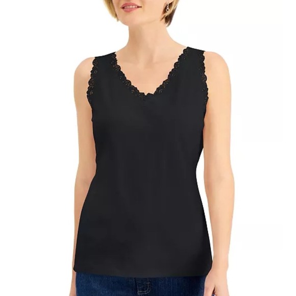 Karen Scott Lace Trim Tank Top Sleeveless Casual Everyday Black Size M - Picture 1 of 6